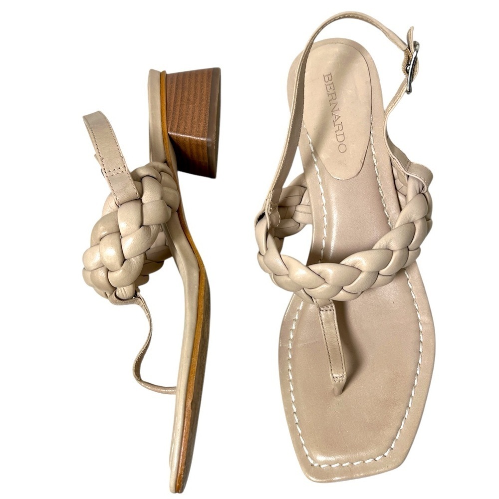 Bernardo EUC Leather Braided Block Heel Square Toe Sandals, Beige Sz 11